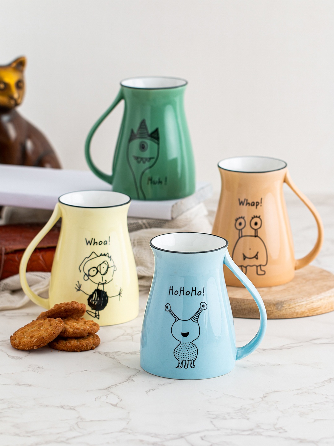 

JCPL Fine Ceramic Set Of 4 Printed Fine Ceramic Jumble Glossy Mugs 350 Ml, Green