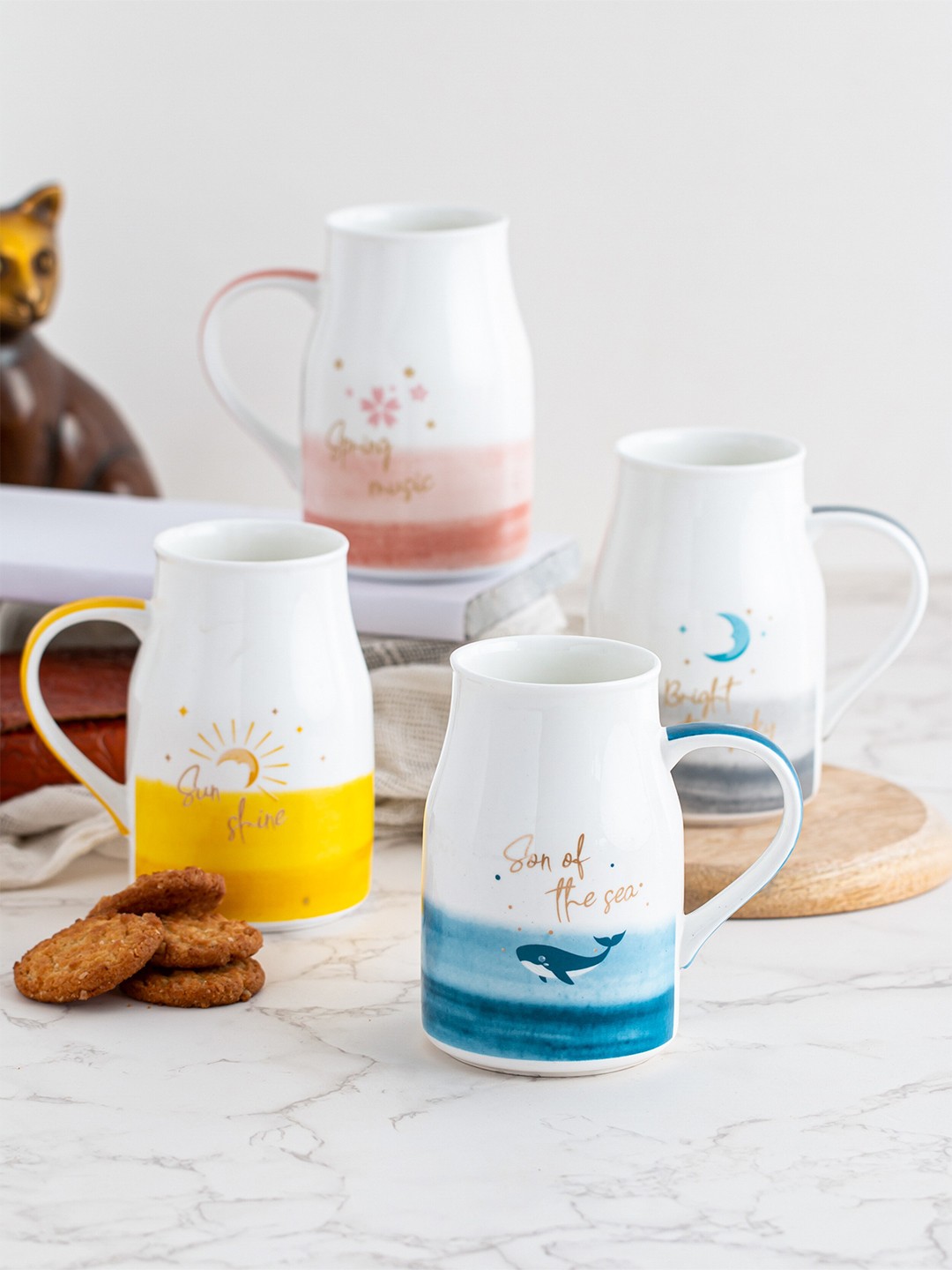 

JCPL White And Yellow Set of 4 Printed Ceramic Flask Glossy Mug 350 ML Each