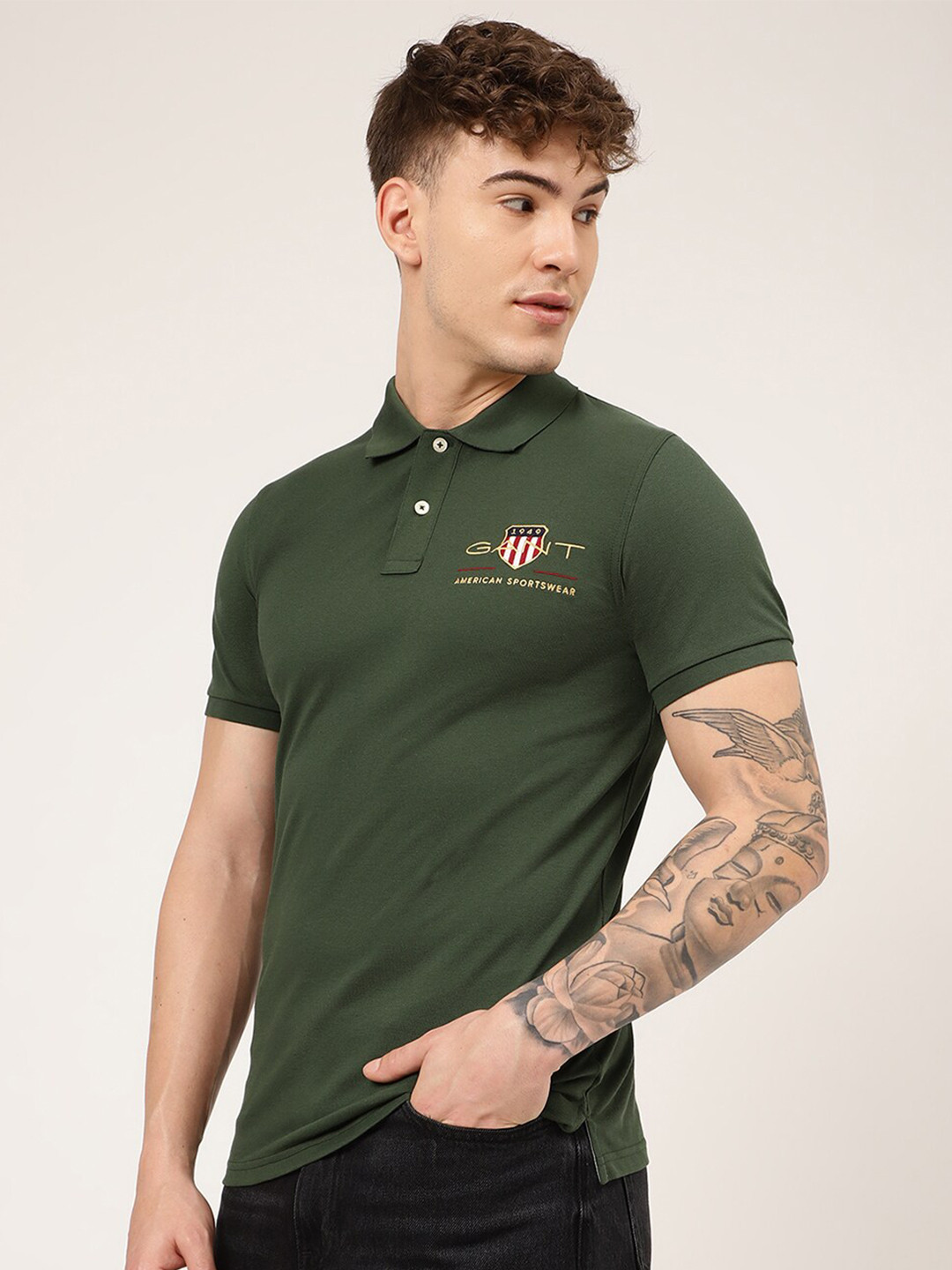 

GANT Men Green Polo Collar Cotton T-shirt