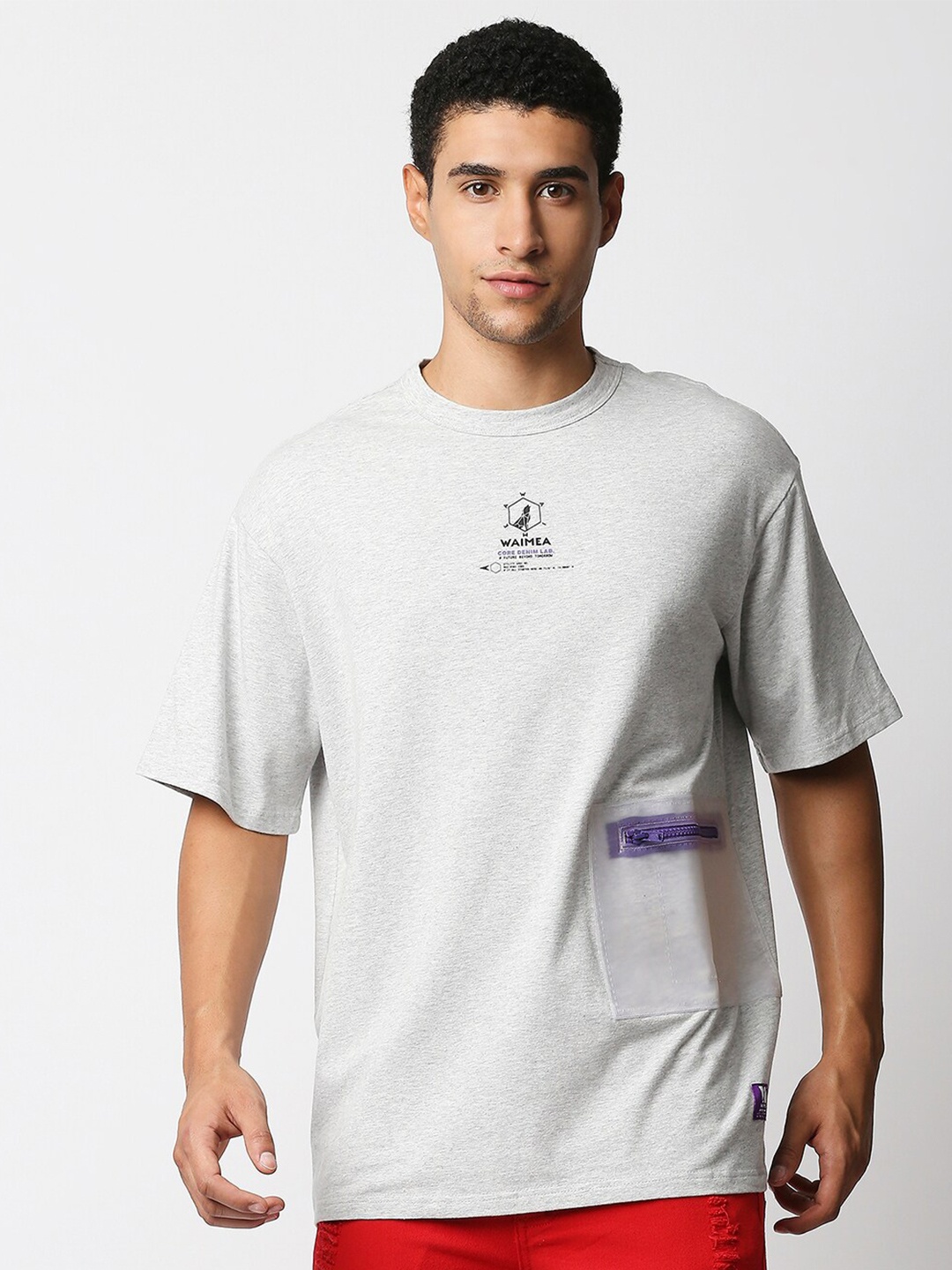 

WAIMEA Men Grey Melange Boxy T-shirt