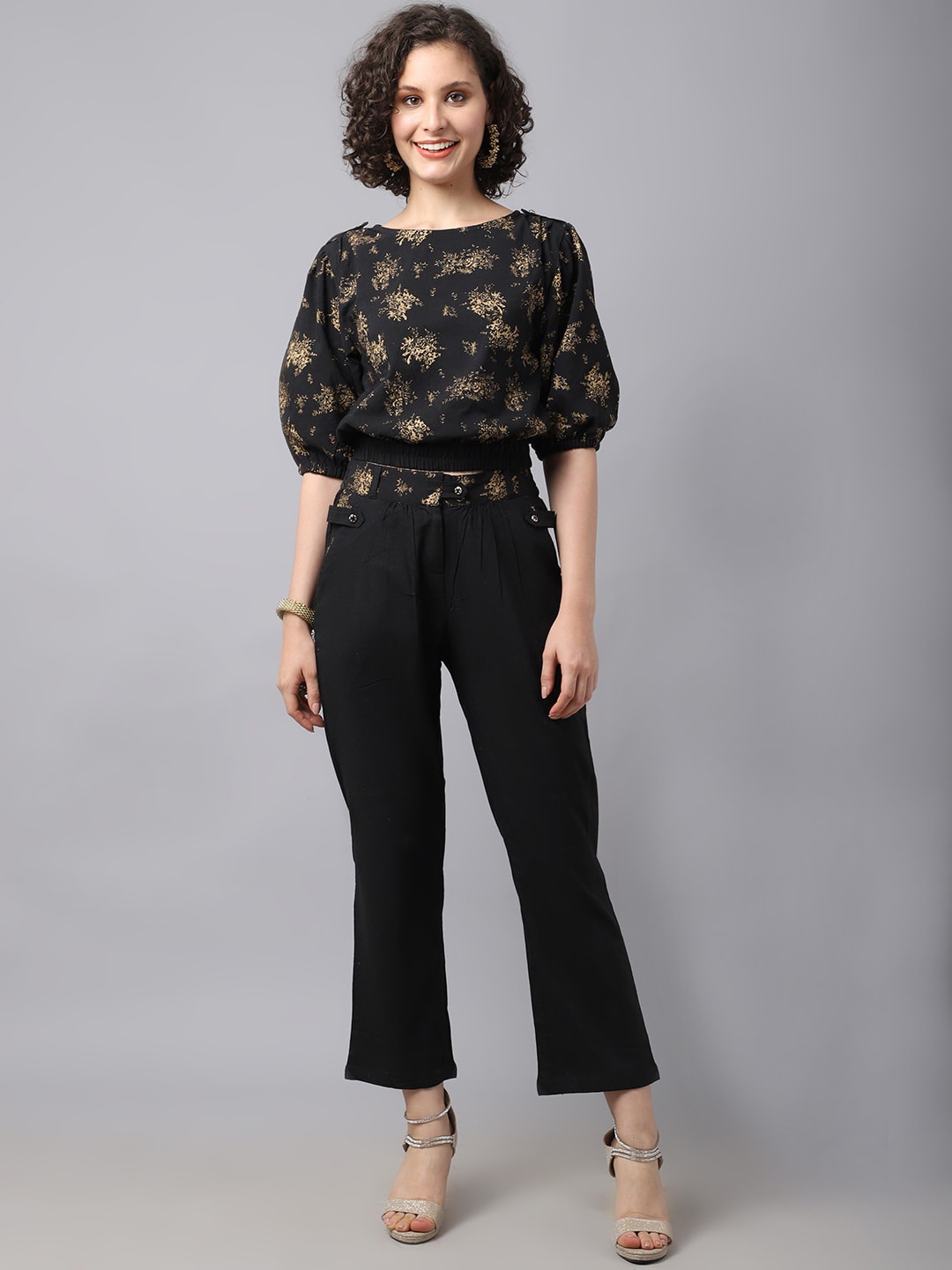 

Tulsattva Black Printed Cotton Top With Trousers Co-ords