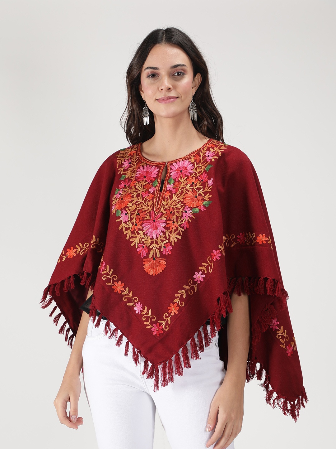 

Zamour Women Maroon & Pink Embroidered Poncho with Embroidered Detail