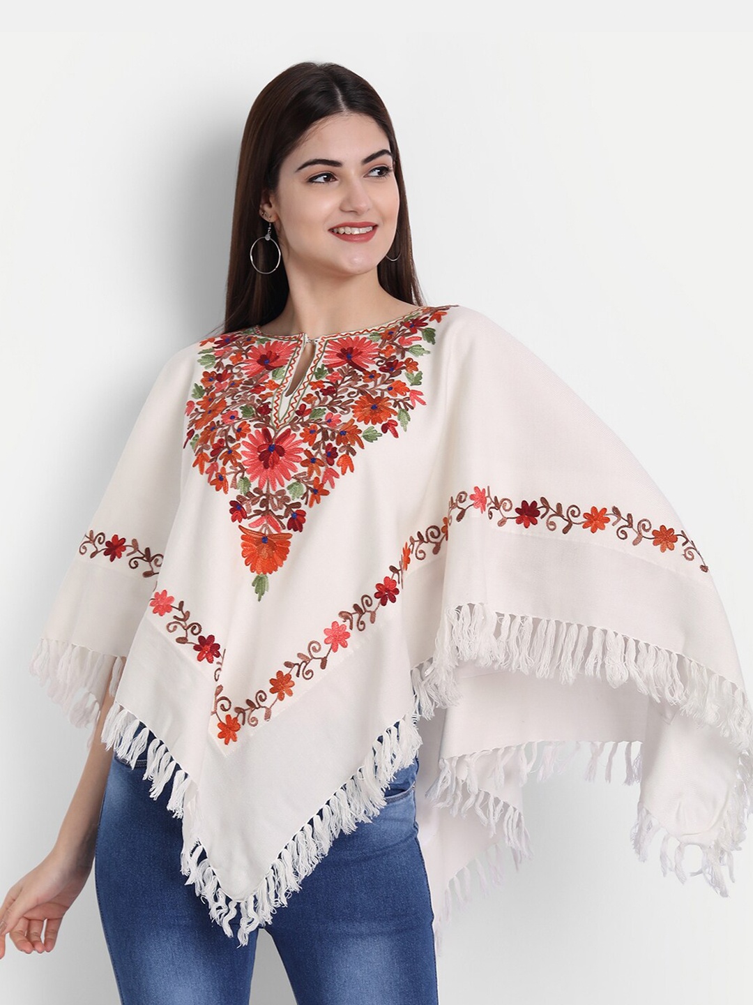 

Zamour Women White & Red Embroidered Poncho with Embroidered Detail