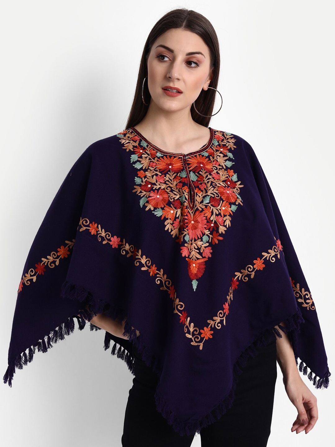 

Zamour Women Blue & Pink Embroidered Poncho with Embroidered Detail