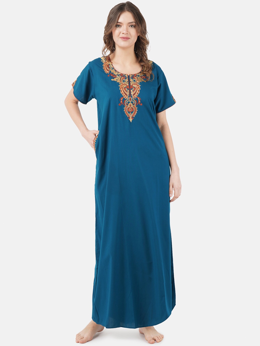 

KOI SLEEPWEAR Women Blue Embroidered Maxi Nightdress