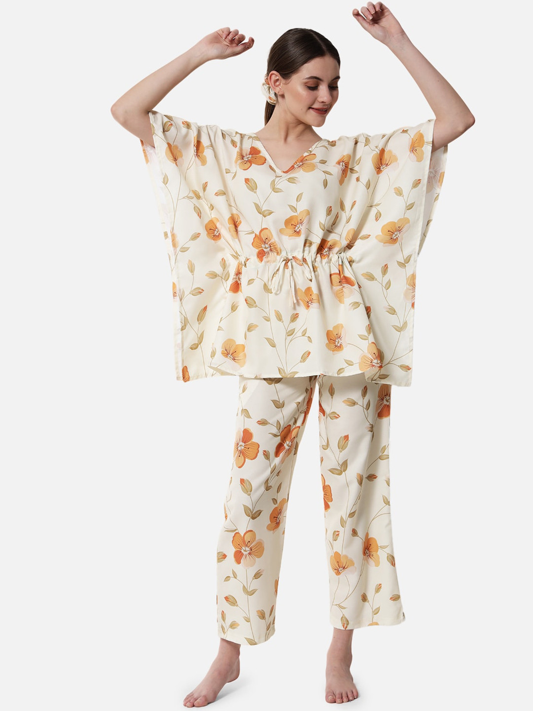 

FFLIRTYGO Women Yellow & White Printed Kaftan Night suit with Matching Scrunchie