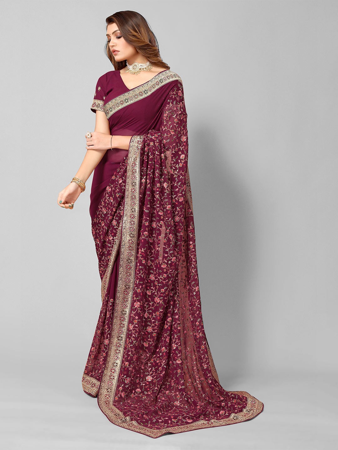 

Nimayaa Maroon & Pink Floral Embroidered Saree
