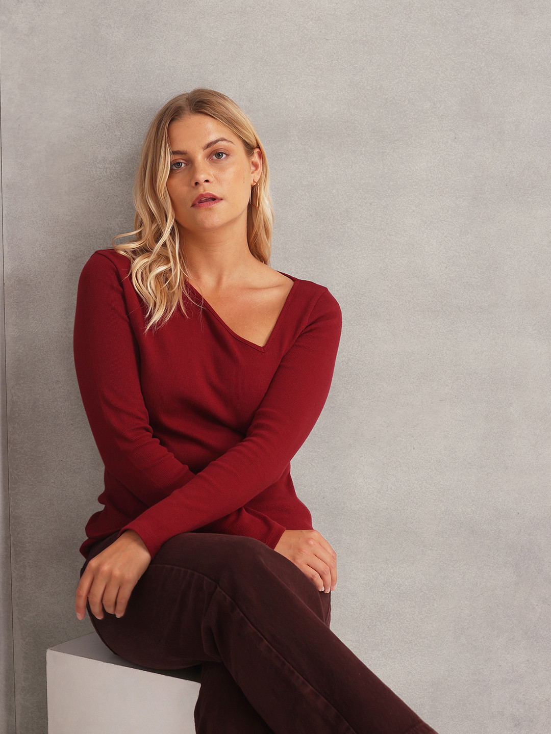 

U S Polo Assn Women Maroon V-Neck Slim Fit T-shirt