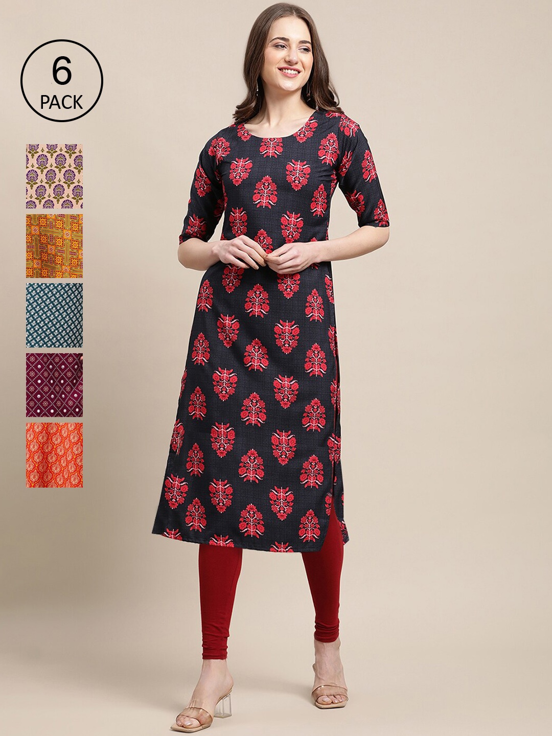 

Ethnic basket Women Pack Of 6 Ethnic Motifs Printed Block Print Crepe Kurta, Black