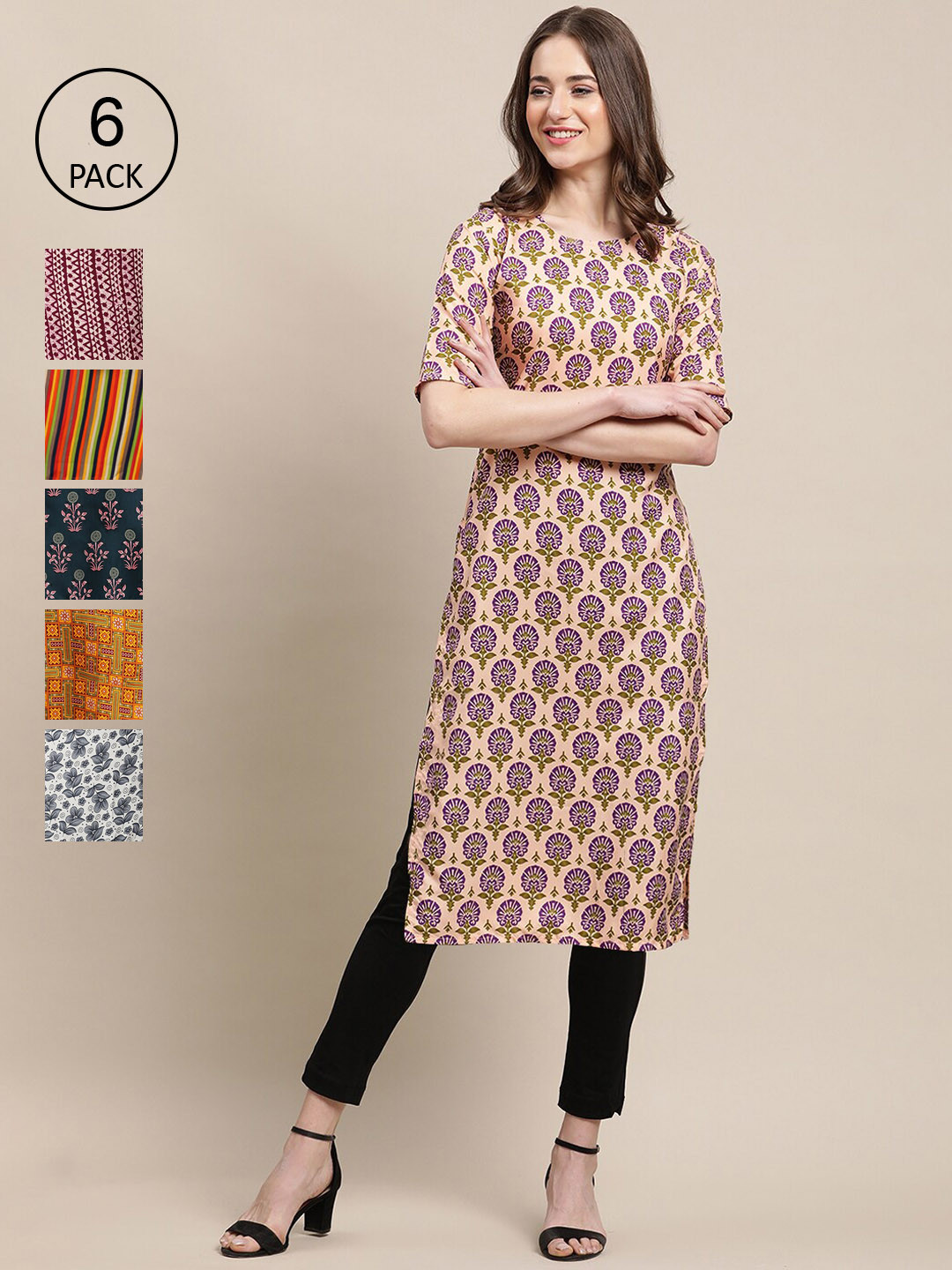 

Ethnic basket Women Pack Of 6 Floral Printed Crepe Kurta, Multi
