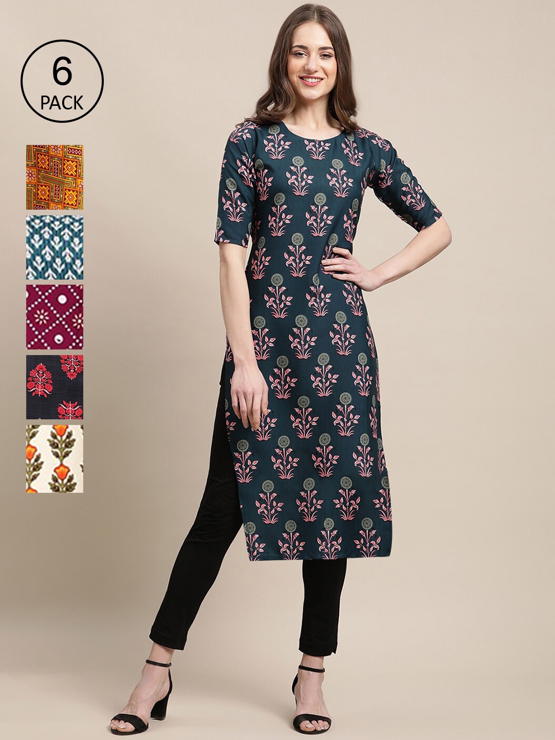 

Ethnic basket Women Pack Of 6 Floral Printed Crepe Kurta, Multi