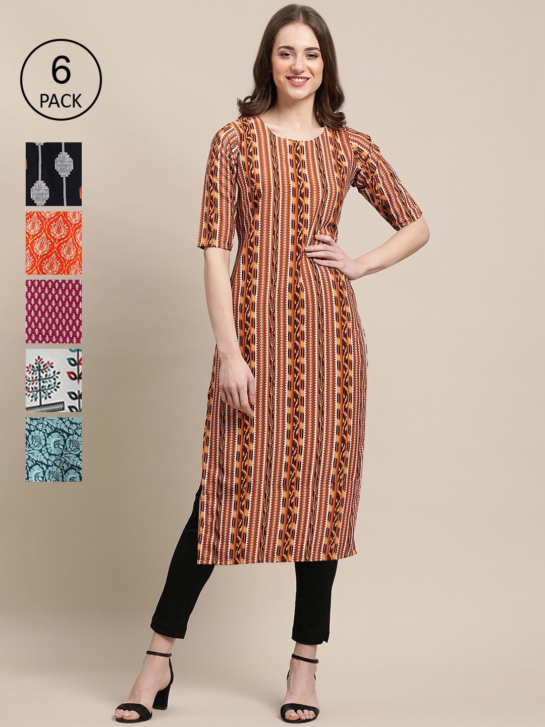 

Ethnic basket Women Pack Of 6 Geometric Printed Block Print Crepe Kurta, Orange