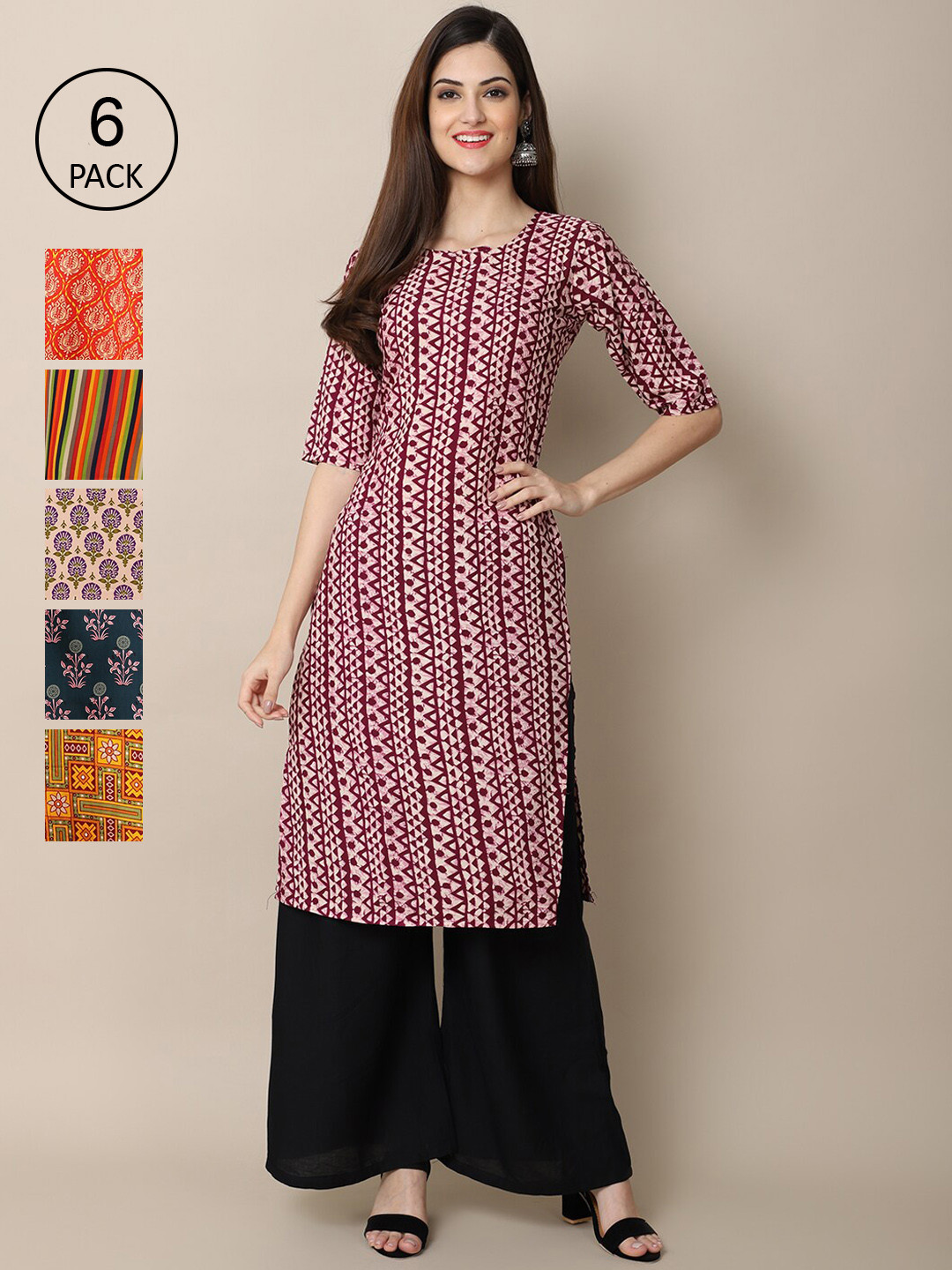 

Ethnic Basket Stylish Women's Crepe Multicolor Digital Printed Straight Kurta (Pack of 6), Multi