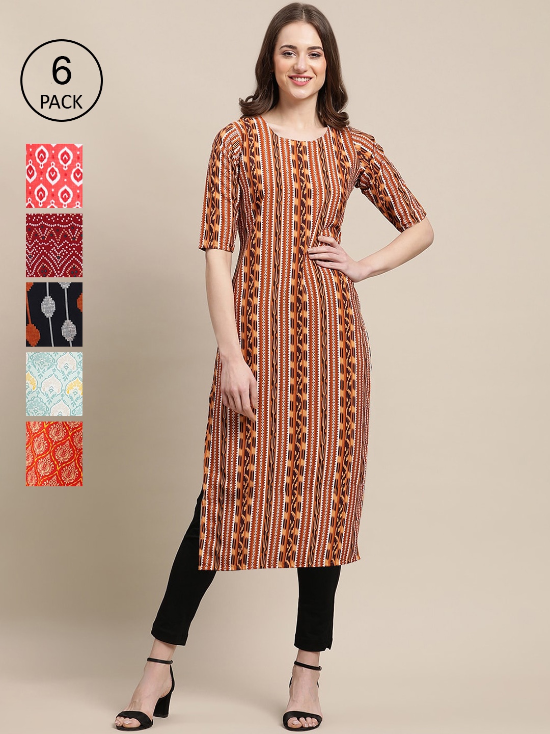 

Ethnic Basket Stylish Women's Crepe Multicolor Digital Printed Straight Kurta (Pack of 6), Multi