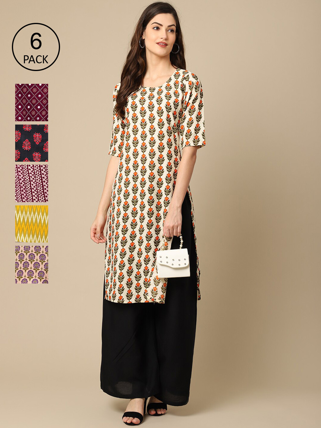 

Ethnic Basket Stylish Women's Crepe Multicolor Digital Printed Straight Kurta (Pack of 6), Multi
