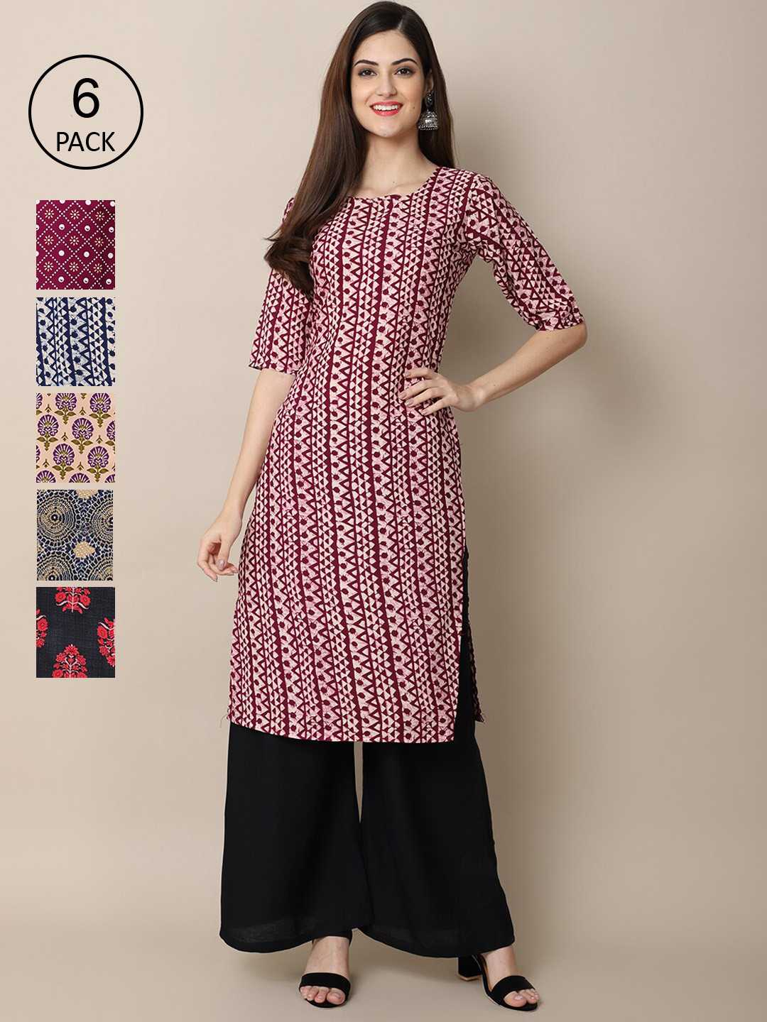 

Ethnic basket Women Pack of 6 Floral Printed Thread Work Crepe Kurta, Multi