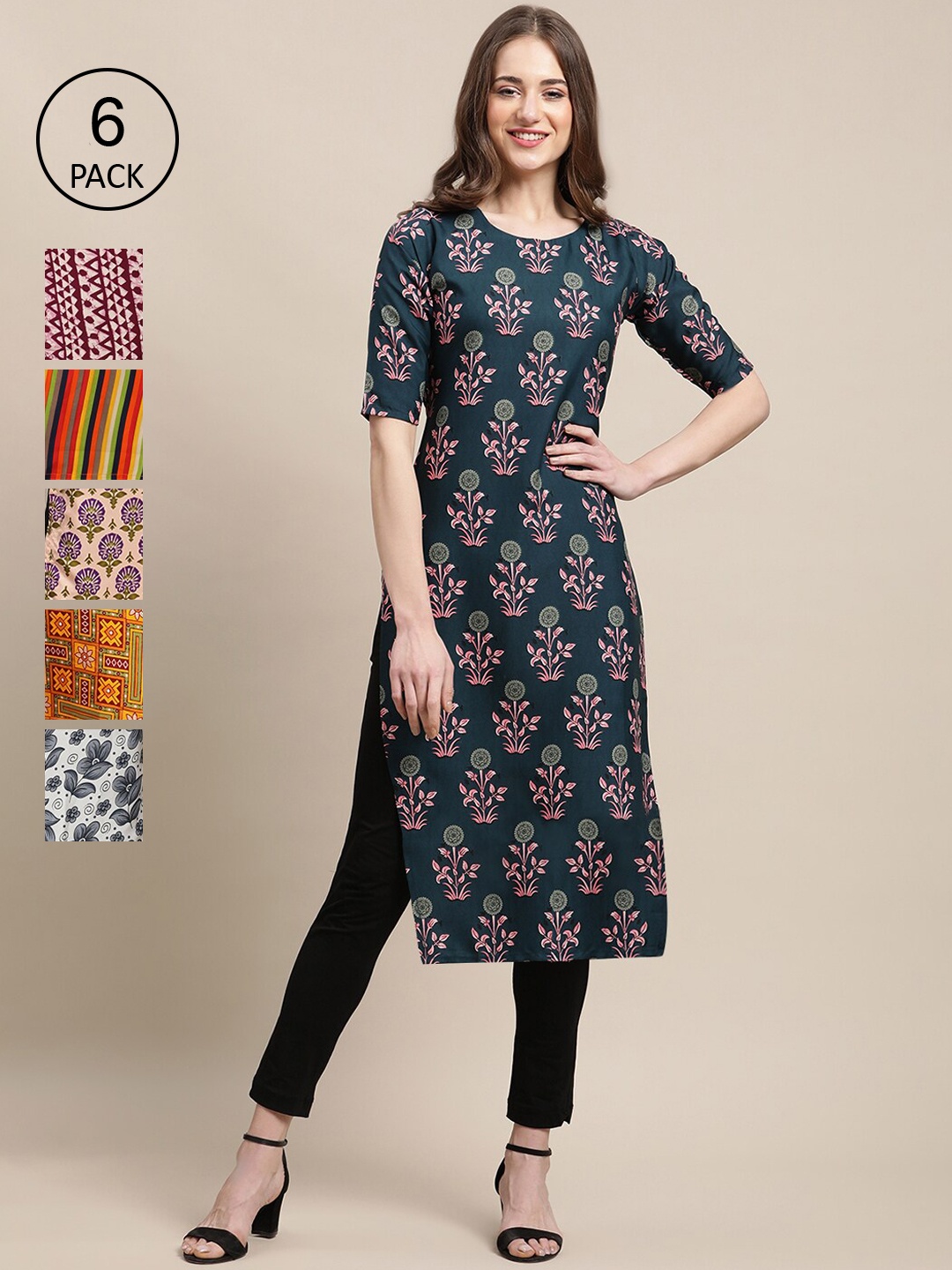 

Ethnic basket Women Pack of 6 Ethnic Motifs Printed Crepe Kurta, Multi