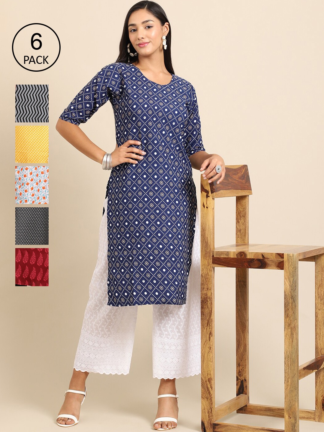 

Ethnic basket Women Pack Of 6 Ethnic Motifs Printed Block Print Crepe Kurta, Multi