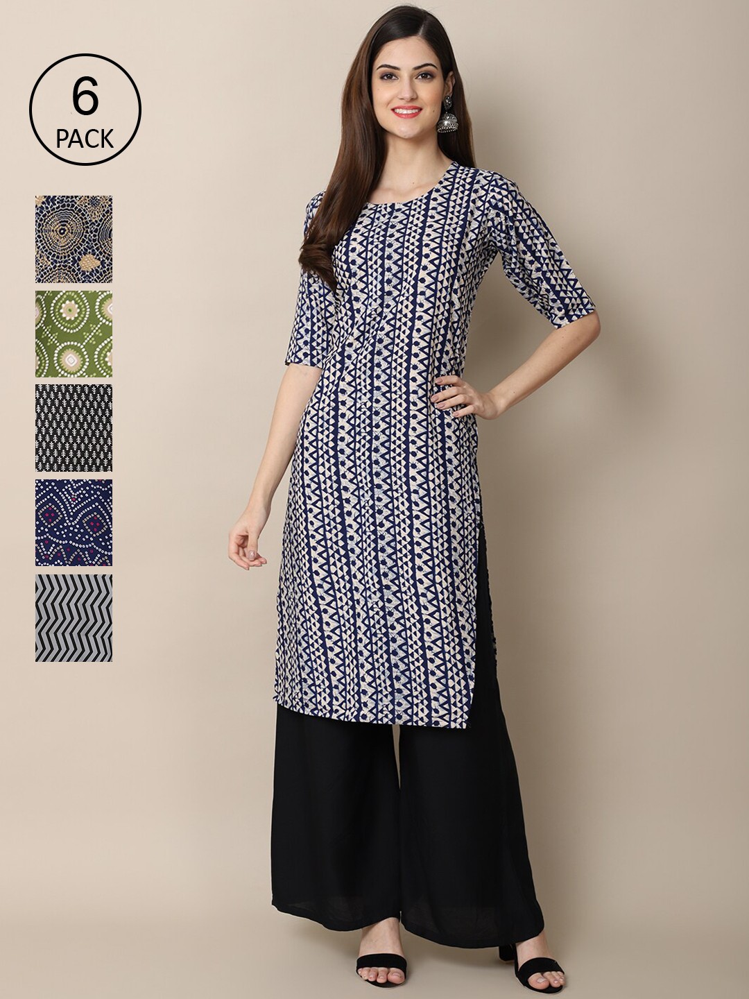 Ethnic basket Women Pack Of 6 Geometric Printed Block Print Crepe Kurta, Multi