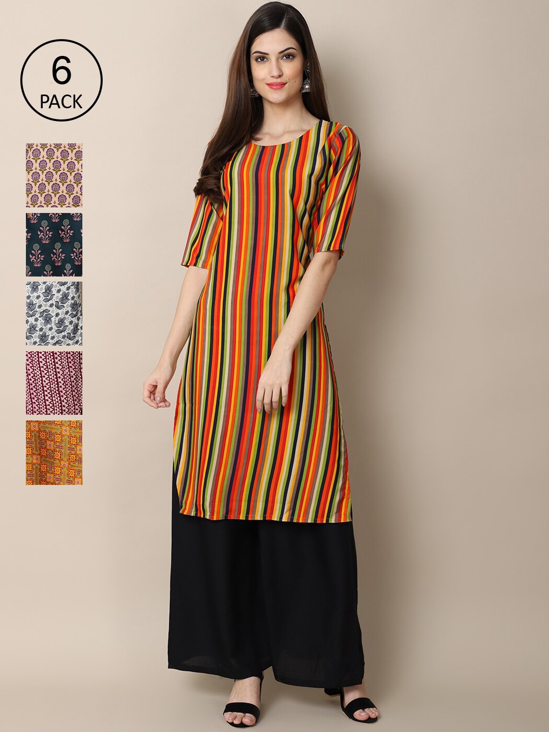 

Ethnic basket Women Pack Of 6 Ethnic Motifs Printed Block Print Crepe Kurta, Multi