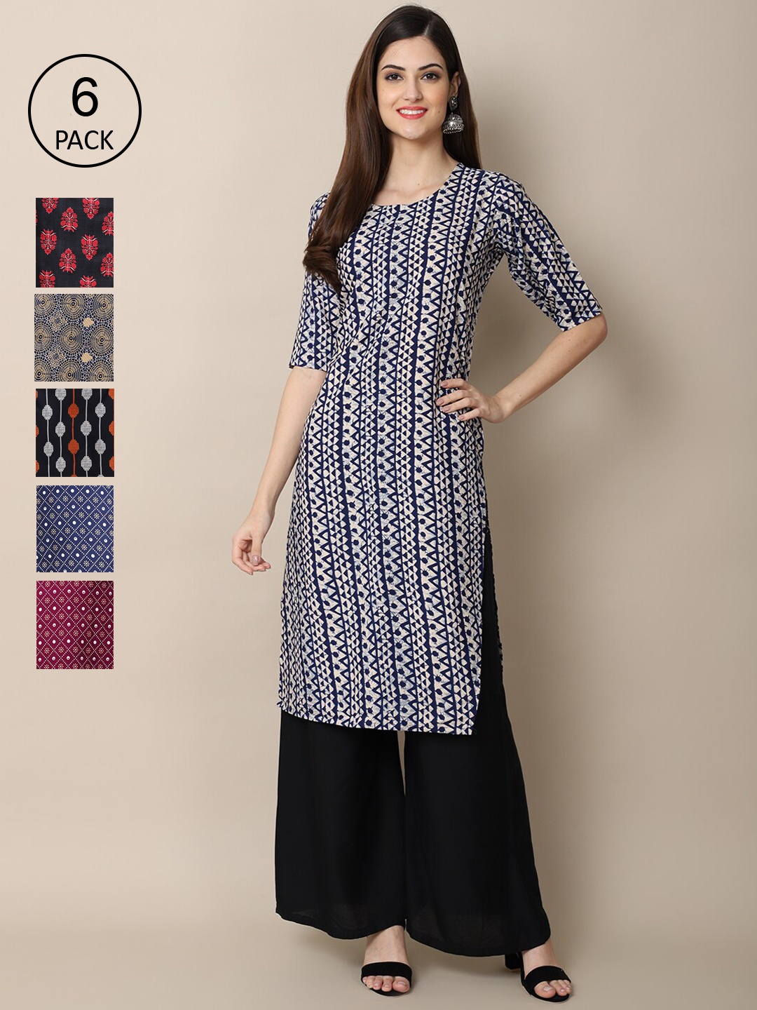 

Ethnic basket Women Pack Of 6 Printed Block Print Crepe Kurta, Blue