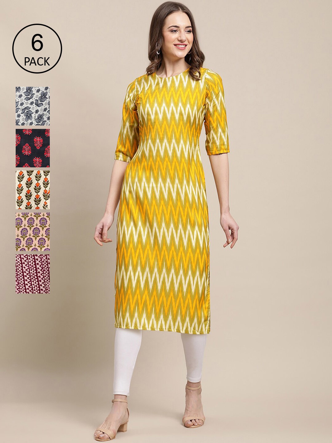 

Ethnic basket Women Pack of 6 Ethnic Motifs Printed Crepe Kurta, Multi