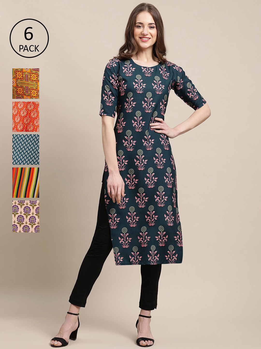 

Ethnic basket Women Pack of 6 Ethnic Motifs Printed Crepe Kurta, Multi