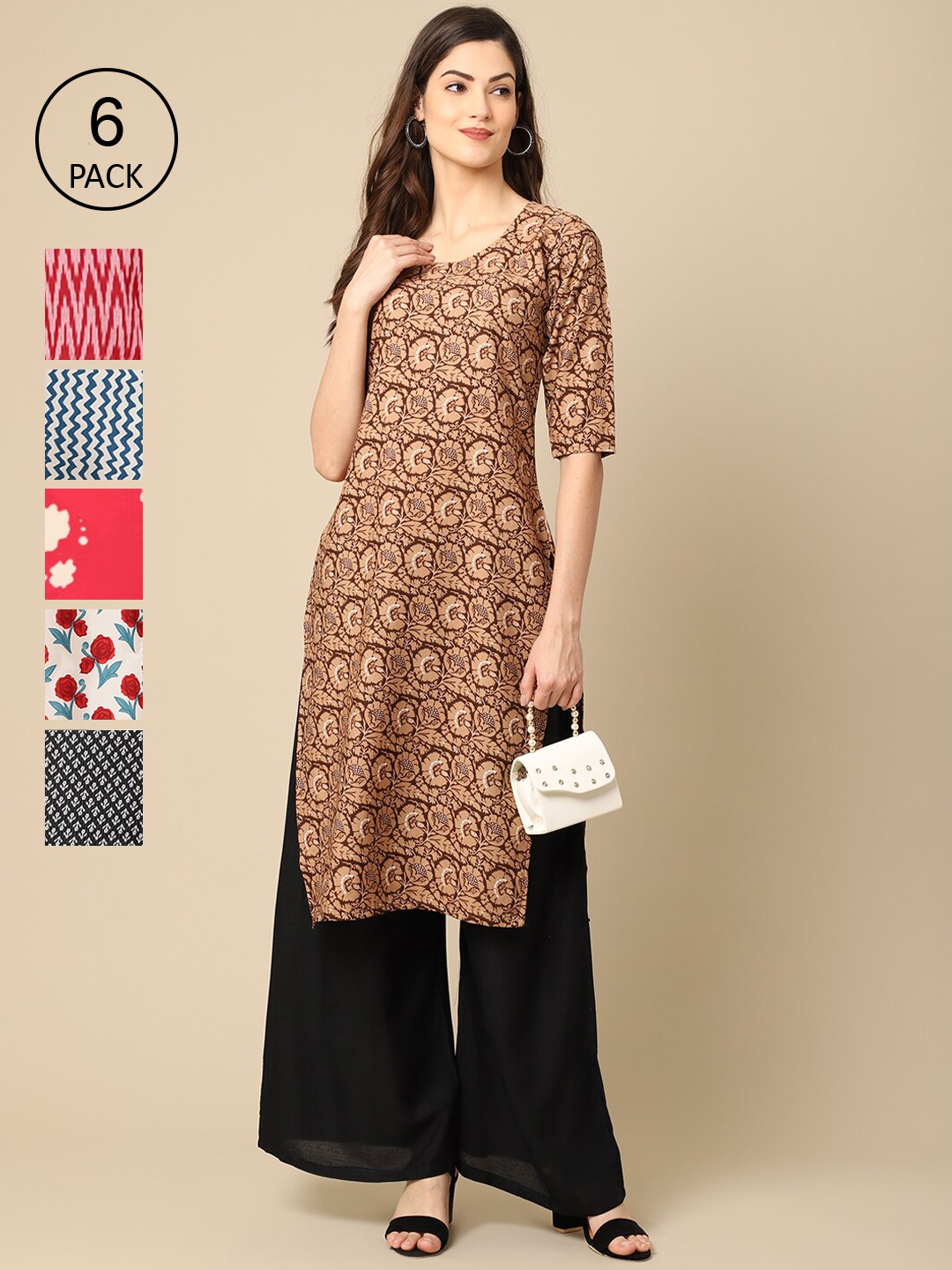 

Ethnic Basket Pack Of 6 Women Printed Crepe Kurta, Brown