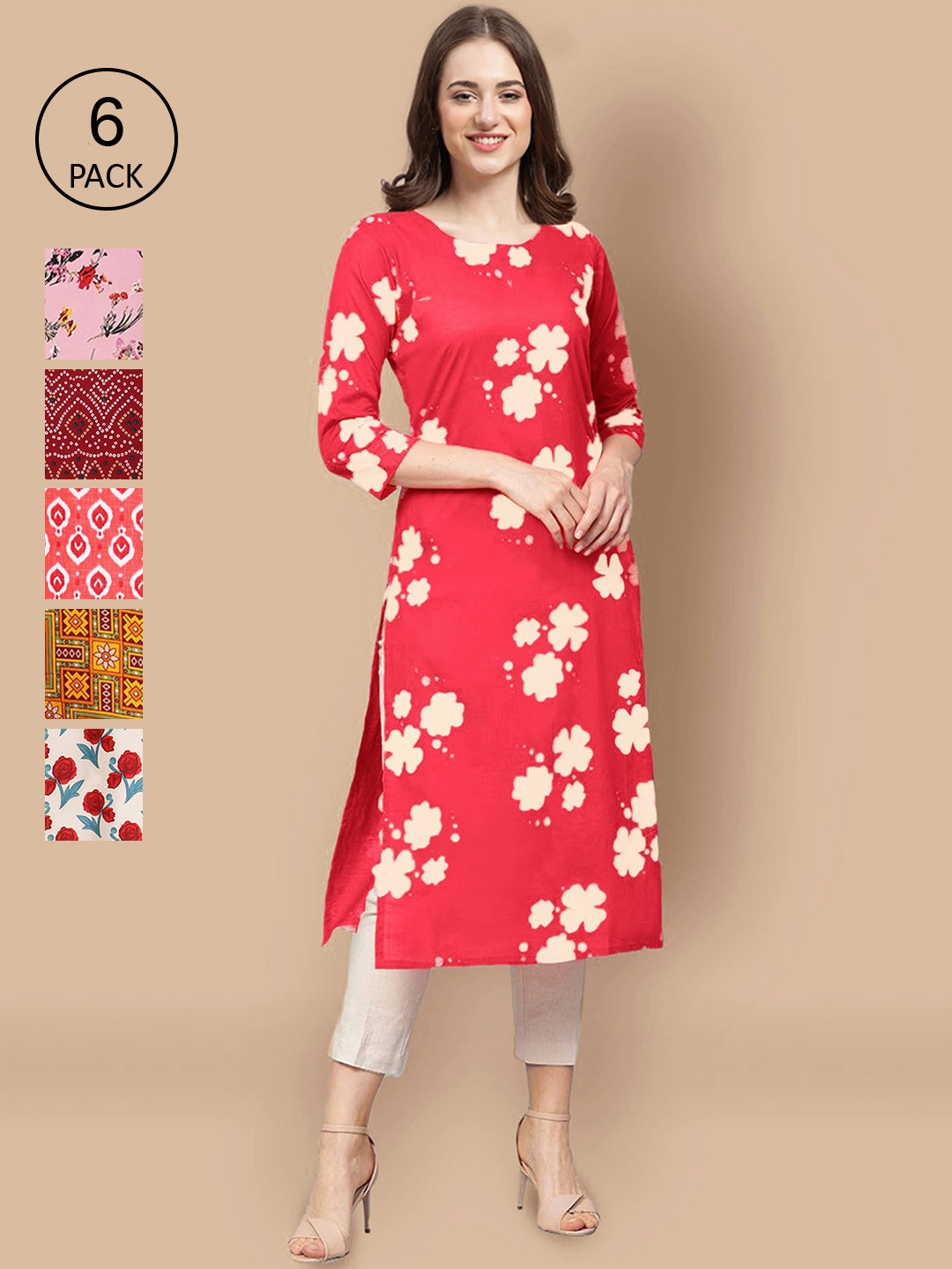 

Ethnic basket Women Red And White Block Print Crepe Kurta PACK OF 6