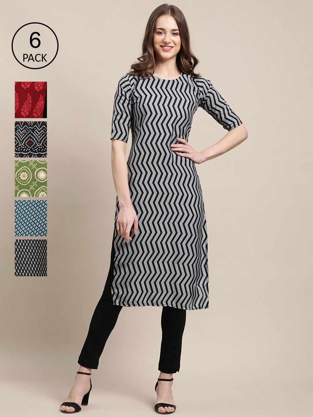 

Ethnic basket Women Red And Black Block Print Crepe Kurta PACK OF 6