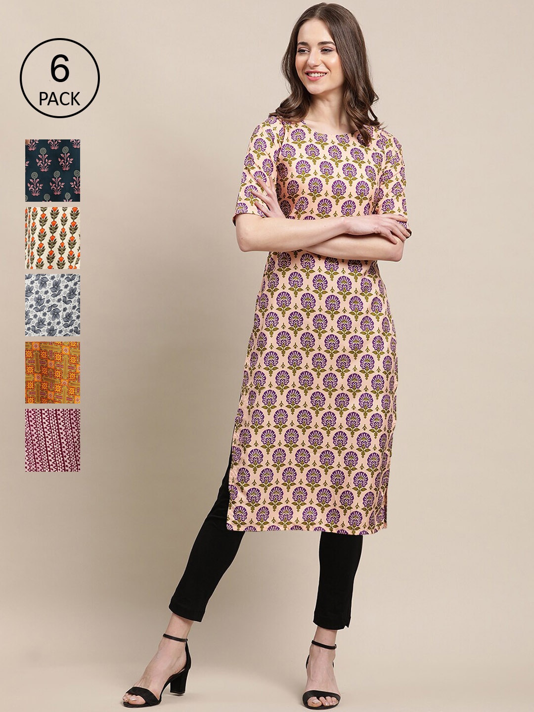 Ethnic basket Women Biege And Blue Block Print Crepe Kurta PACK OF 6, Beige