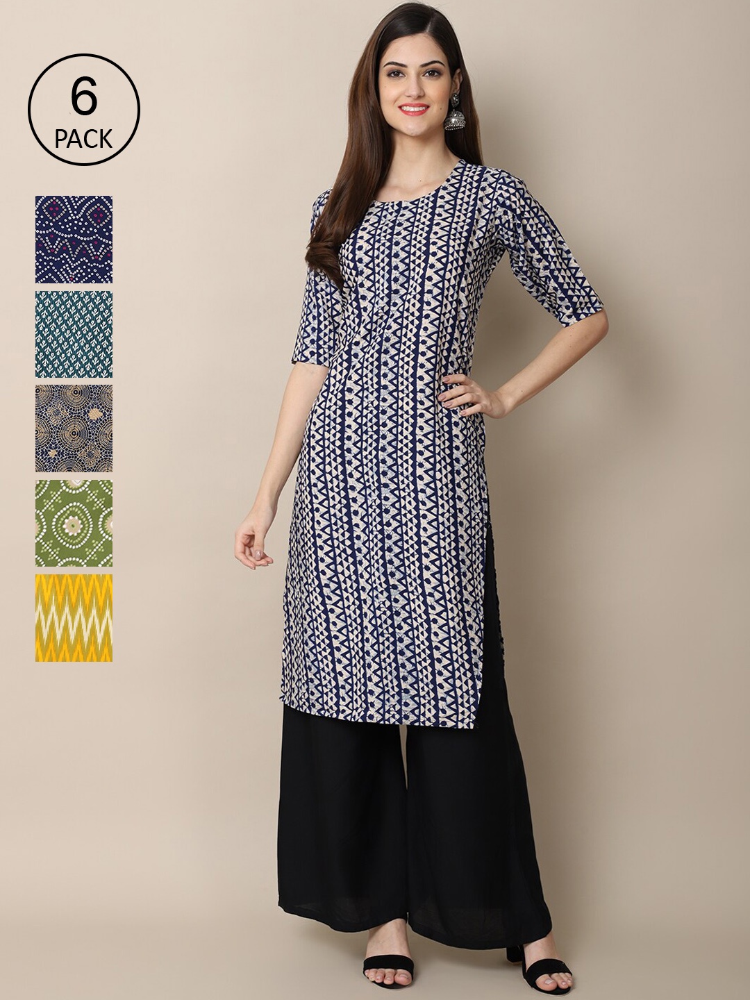 

Ethnic basket Women Set Of 6 Blue & Yellow Ethnic Motifs Printed Crepe Kurta