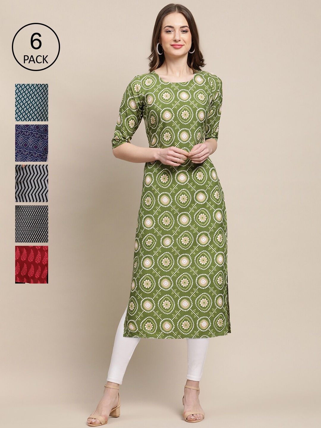 

Ethnic basket Women Set Of 6 Green & Blue Ethnic Motifs Printed Crepe Kurta