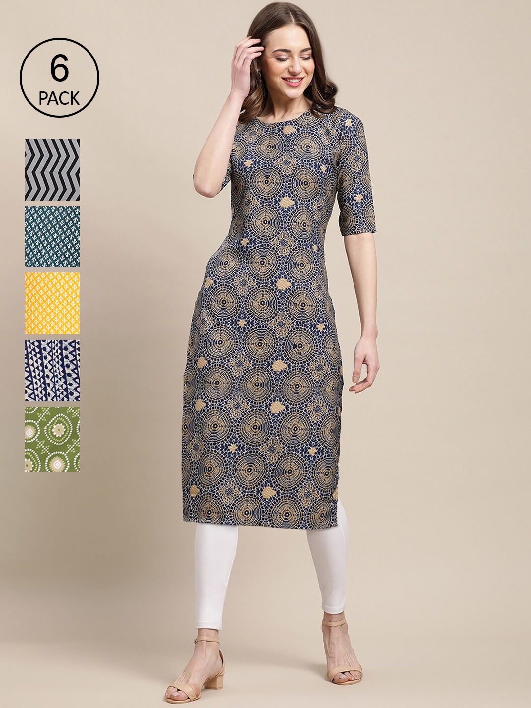 

Ethnic basket Women Set Of 6 Grey & Green Floral Printed Crepe Kurta