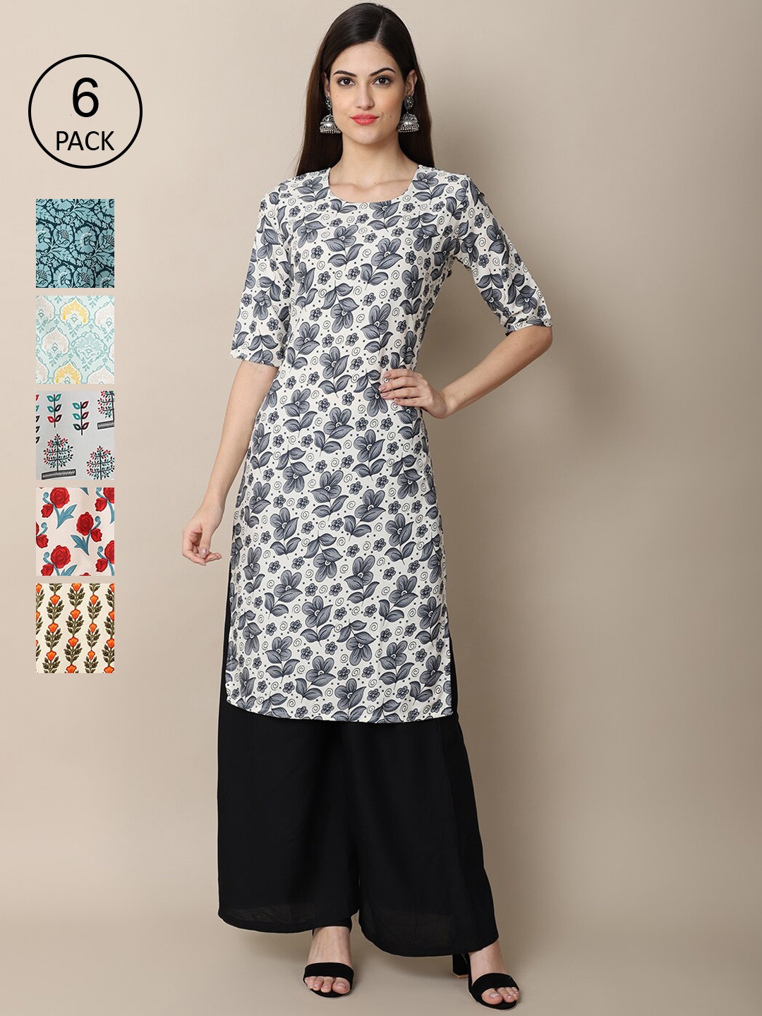 Ethnic basket Women Set Of 6 Blue & Off White Floral Printed Crepe Kurta