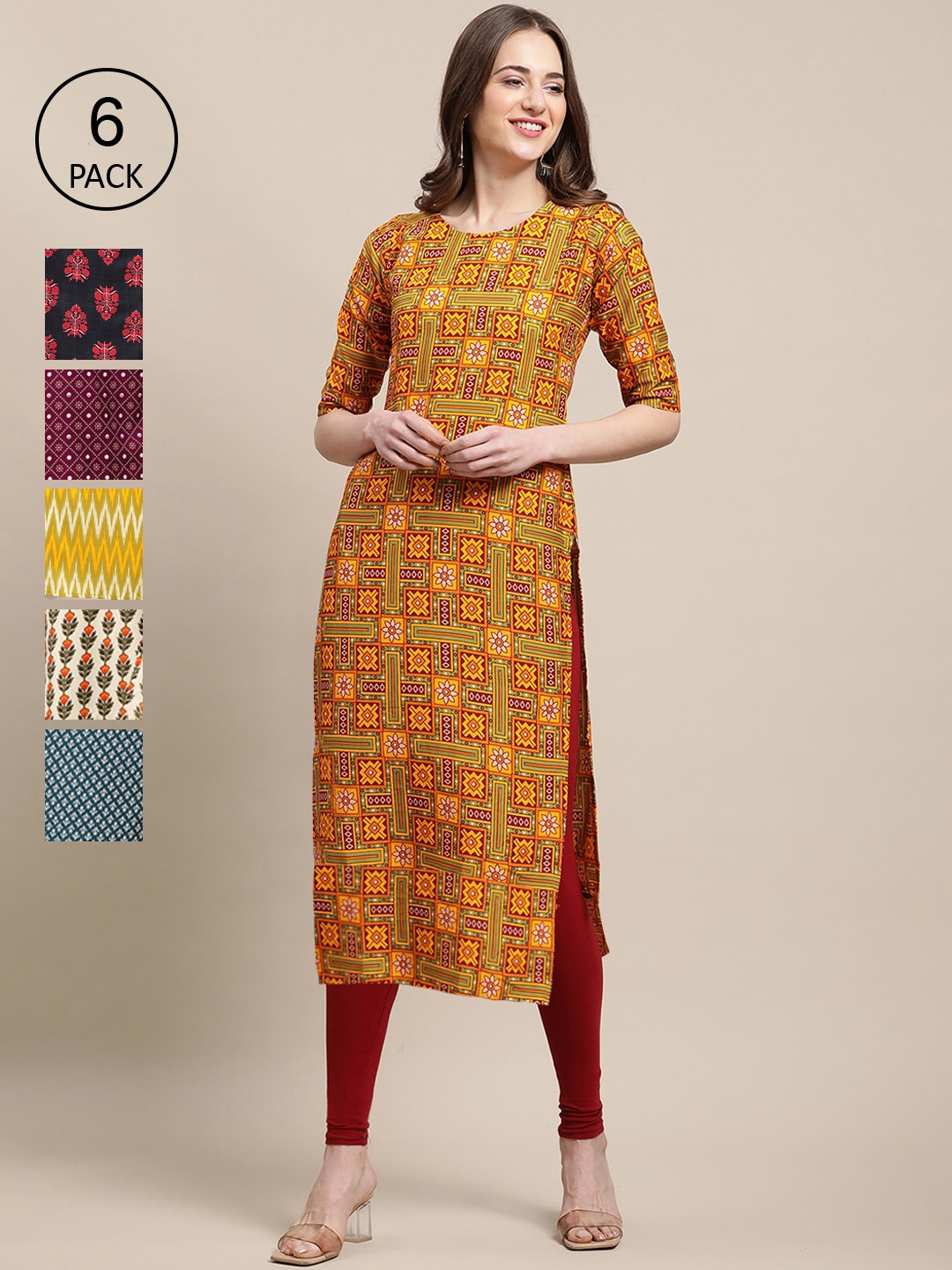 Ethnic basket Women Set Of 6 Multicoloured Ethnic Motifs Printed Crepe Kurta, Multi