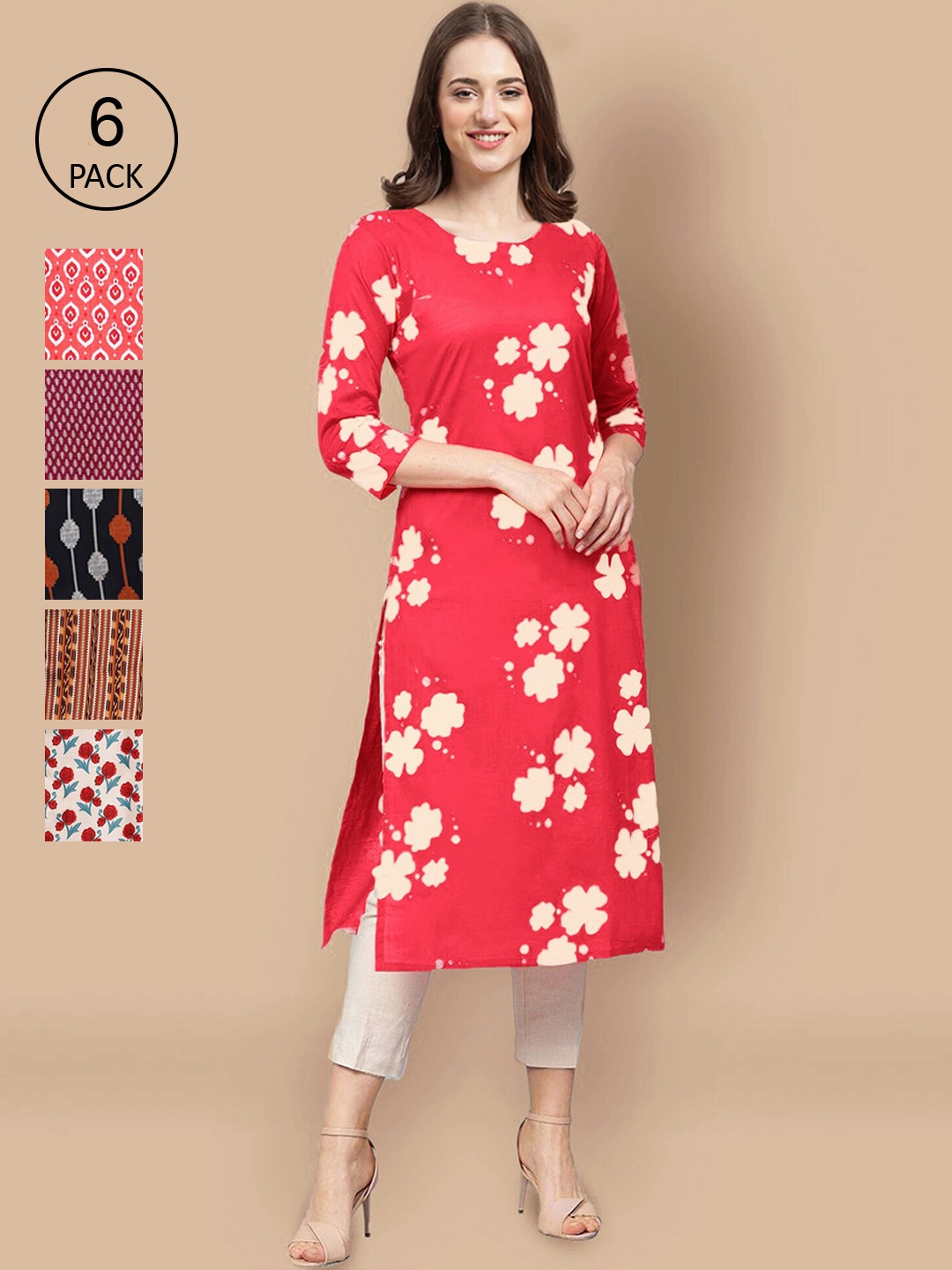 

Ethnic basket Women Pack Of 6 Ethnic Motifs Printed Block Print Crepe Kurta, Red