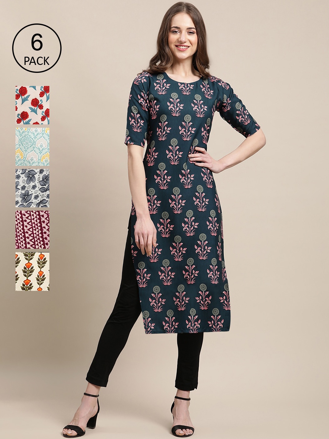 

Ethnic basket Women Pack Of 6 Ethnic Motifs Printed Block Print Crepe Kurta, Black