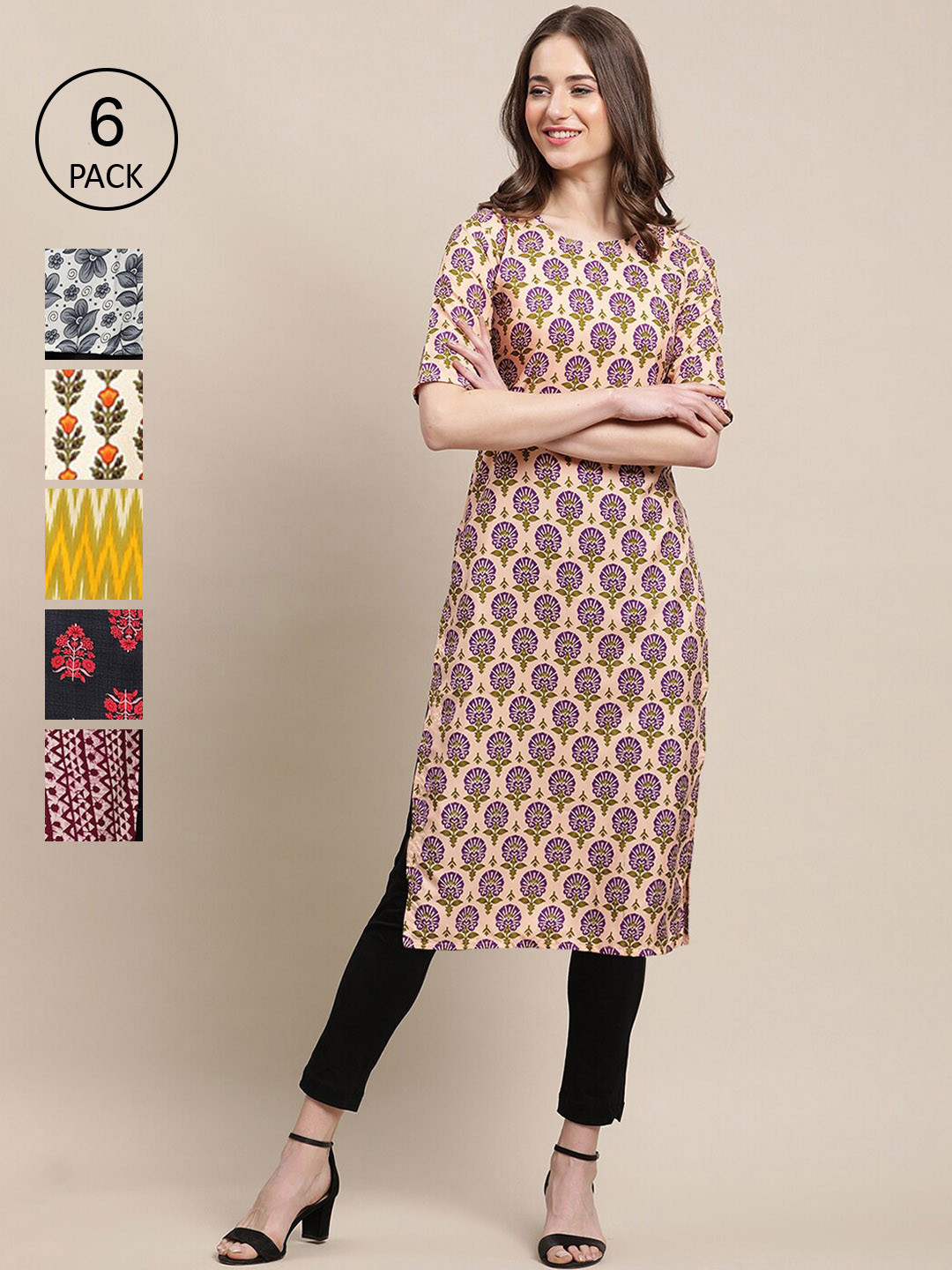 

Ethnic basket Women Pack Of 6 Ethnic Motifs Printed Block Print Crepe Kurta, Yellow
