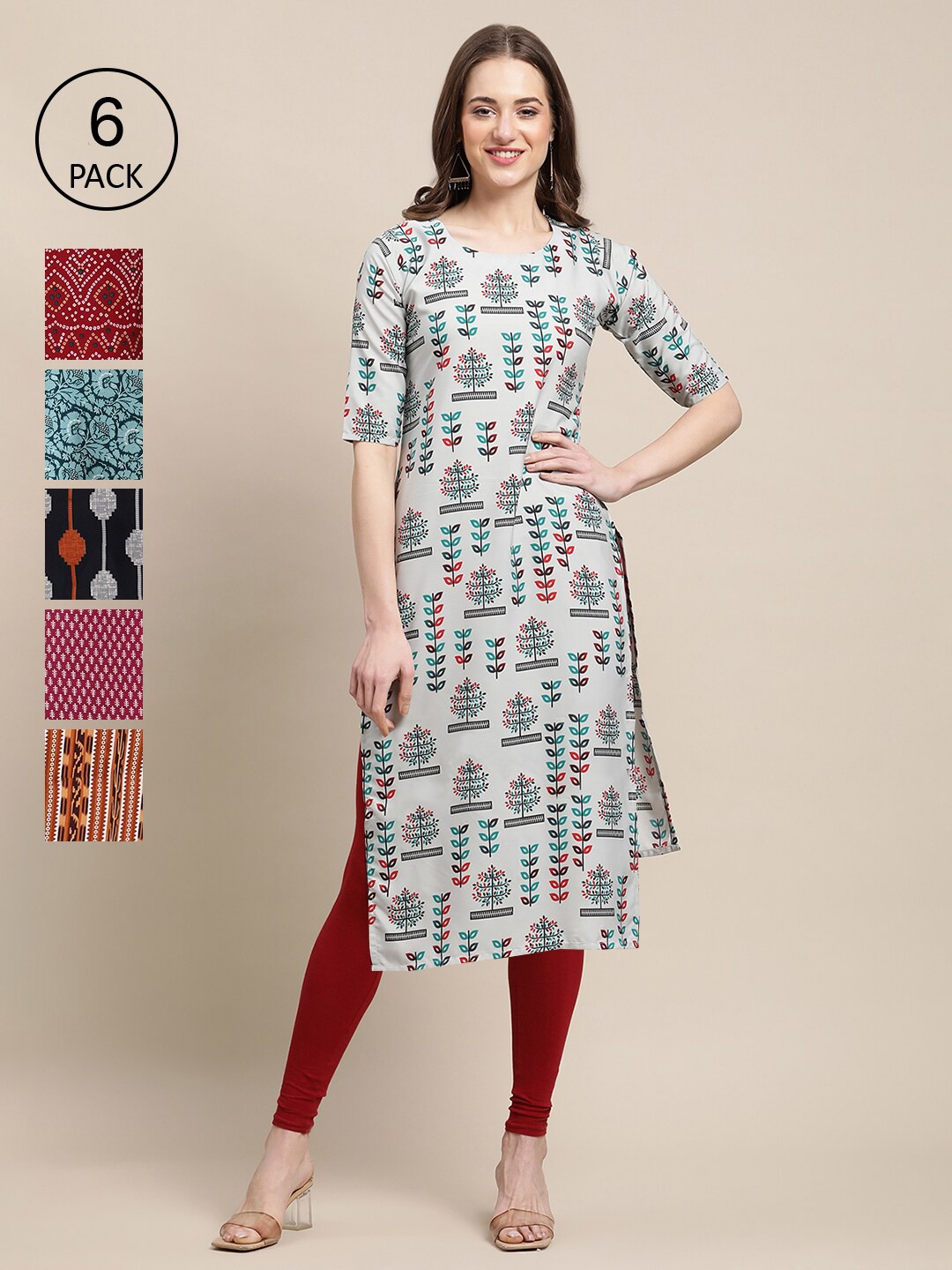 

Ethnic basket Women Multicoloured Pack Of 6 Geometric Printed Block Print Crepe Kurta, Multi