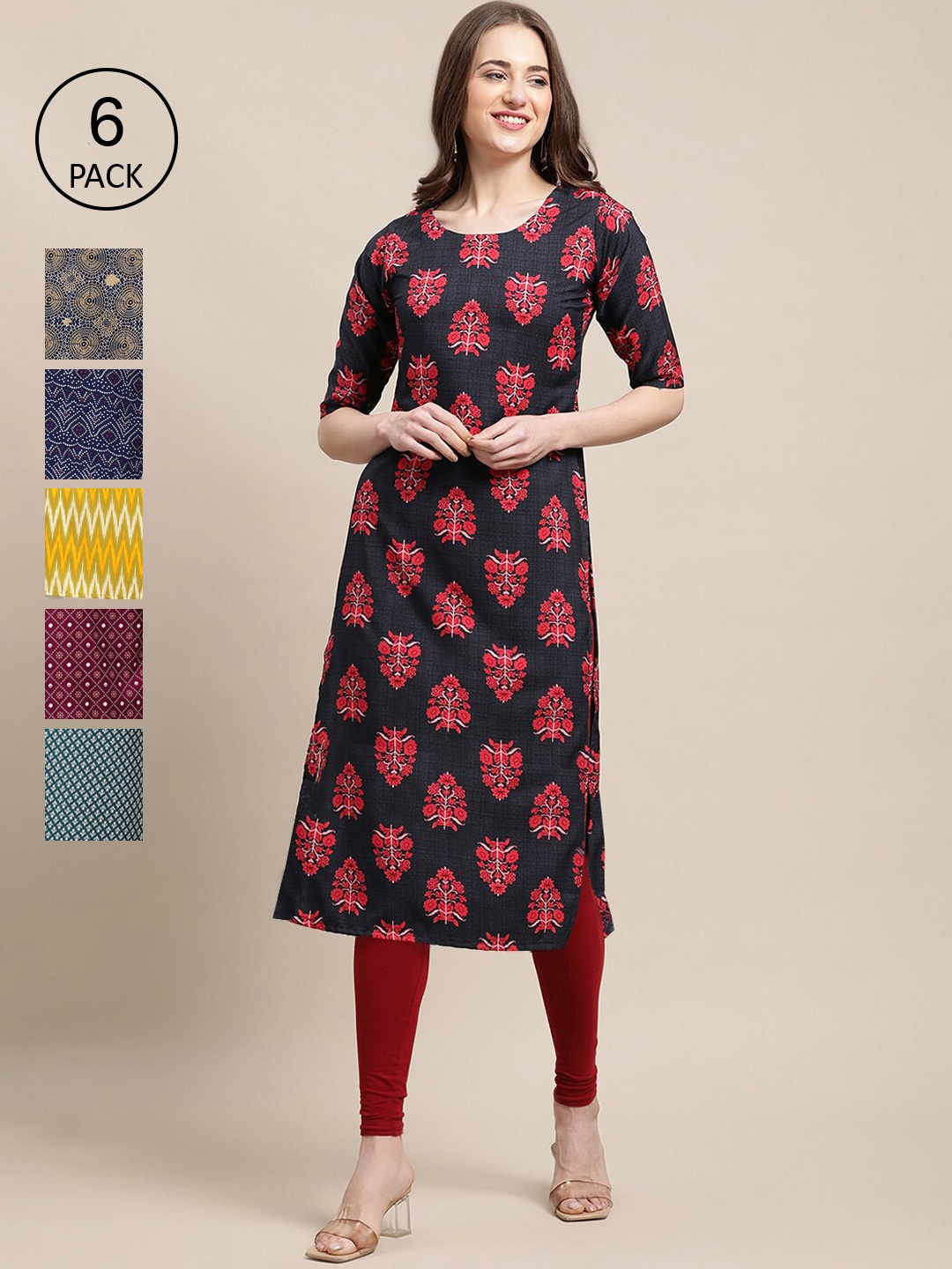 

Ethnic basket Women Multicoloured Pack Of 6 Floral Printed Block Print Crepe Kurta, Multi