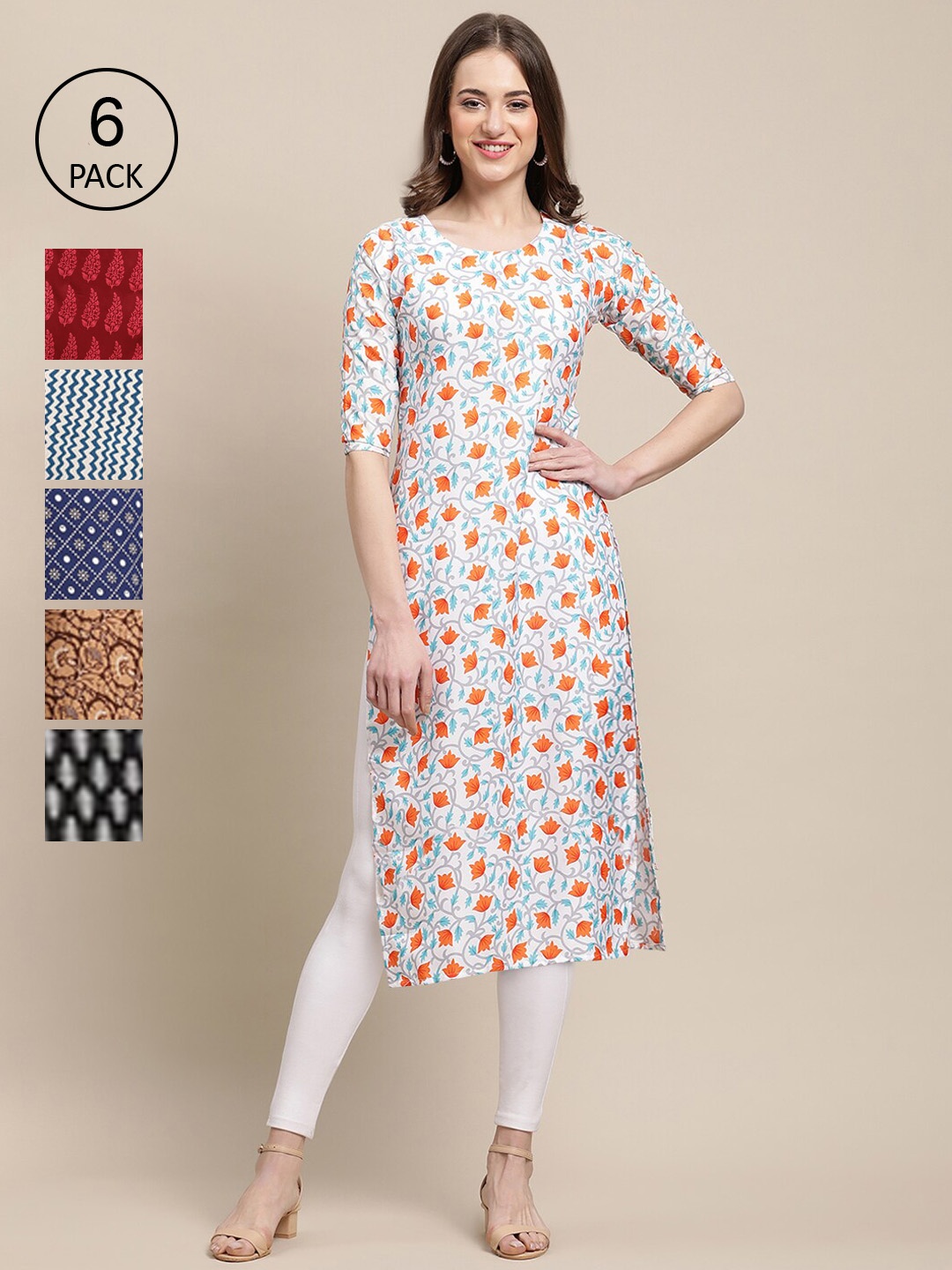 

Ethnic basket Women Multicoloured Pack Of 6 Geometric Printed Block Print Crepe Kurta, Multi