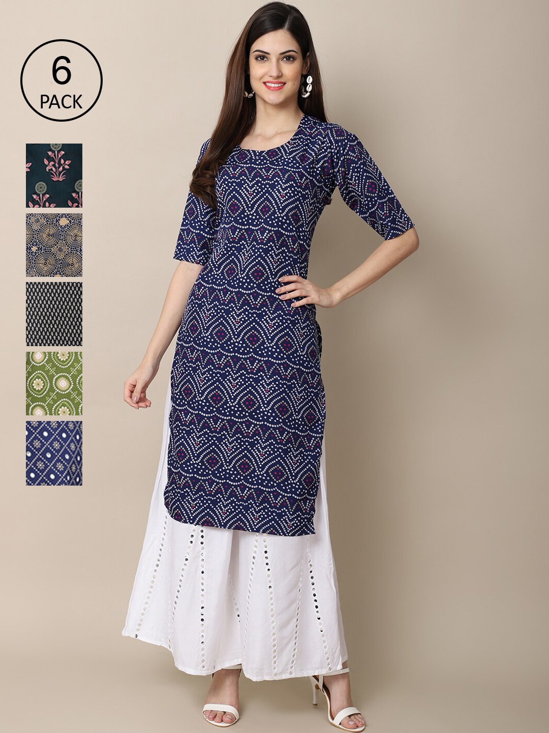 Ethnic basket Women Pack of 6 Digital Printed Crepe Straight Kurtas, Blue