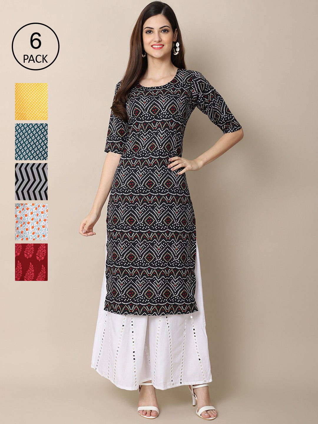 

Ethnic basket Women Pack Of 6 Geometric Printed Block Print Crepe Kurta, Multi