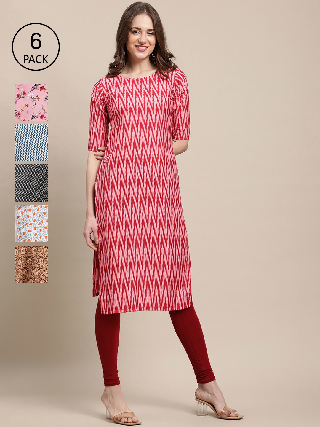 

Ethnic basket Women Pack Of 6 Geometric Printed Block Print Crepe Kurta, Multi