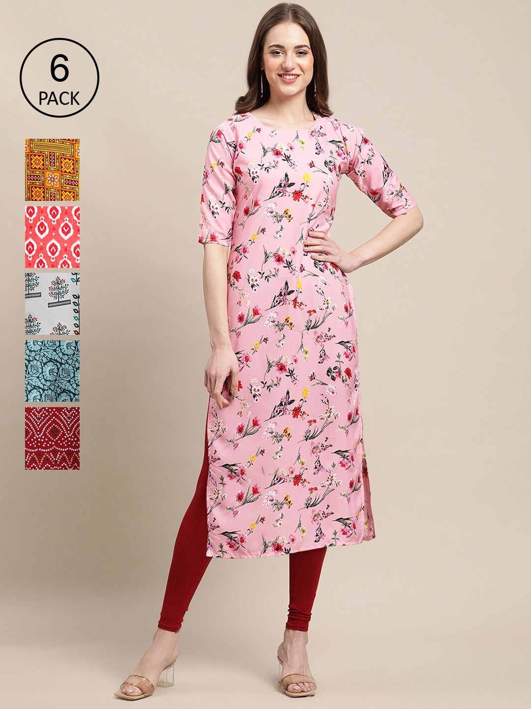 

Ethnic basket Women Pack Of 6 Ethnic Motifs Printed Block Print Crepe Kurta, Multi