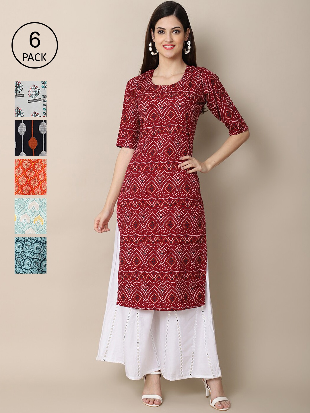 

Ethnic basket Women Pack Of 6 Printed Summer Sheers Crepe Kurta, Maroon