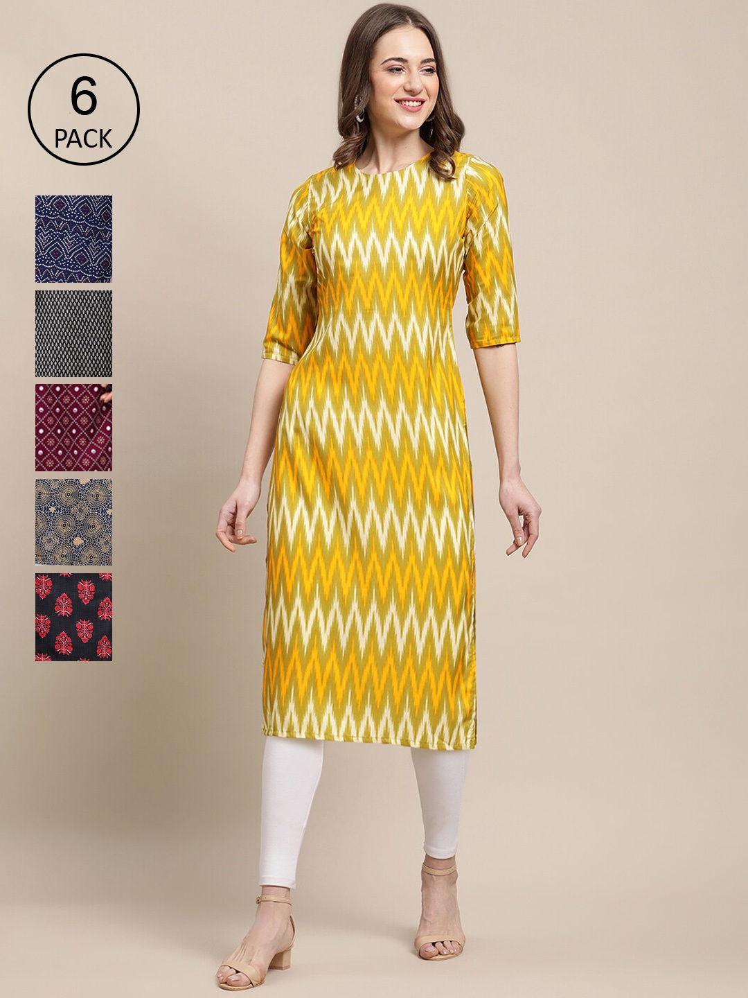 

Ethnic basket Women Pack Of 6 Printed Summer Sheers Crepe Kurta, Yellow