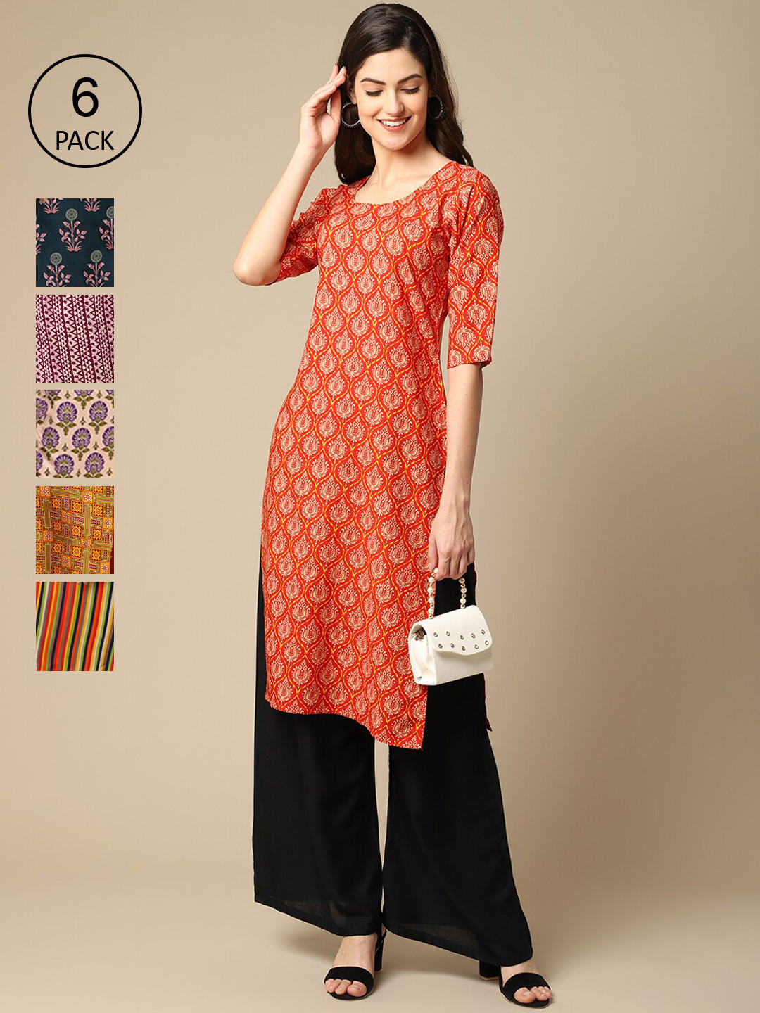 

Ethnic basket Women Pack Of 6 Geometric Printed Block Print Crepe Kurta, Orange