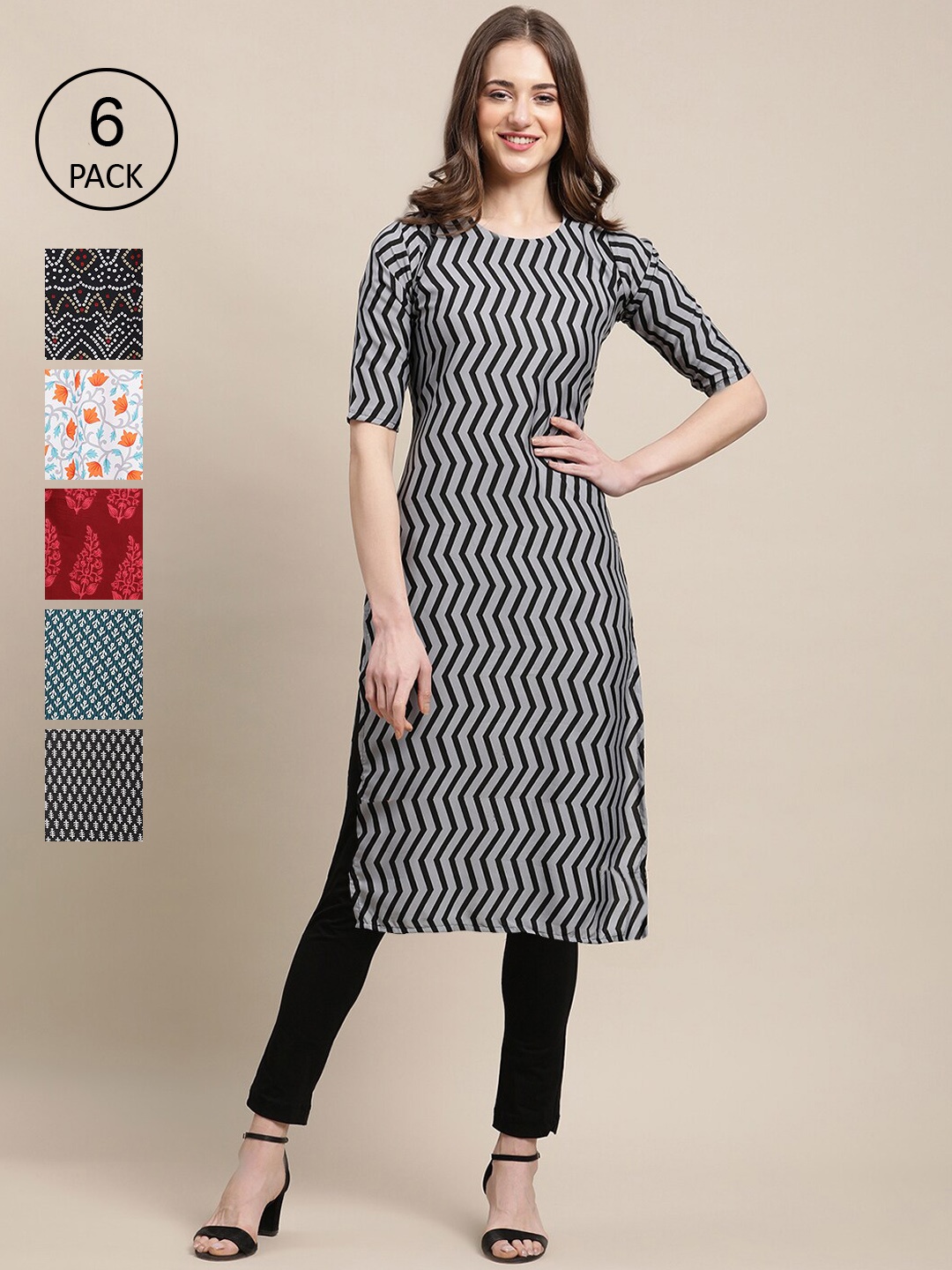 

Ethnic basket Women Pack Of 6 Geometric Printed Block Print Crepe Kurta, Black